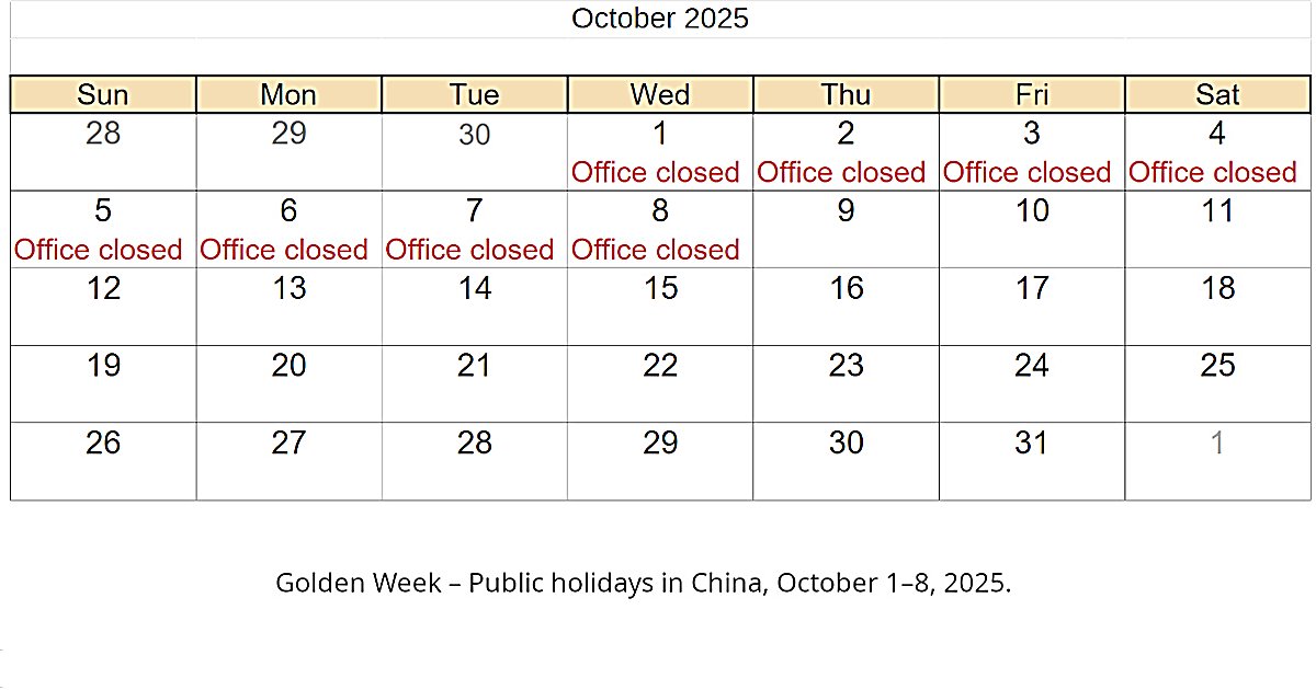 Public holidays in China, October 1–8, 2025