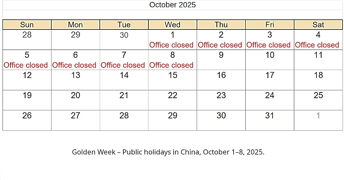 Public holidays in China, October 1–8, 2025