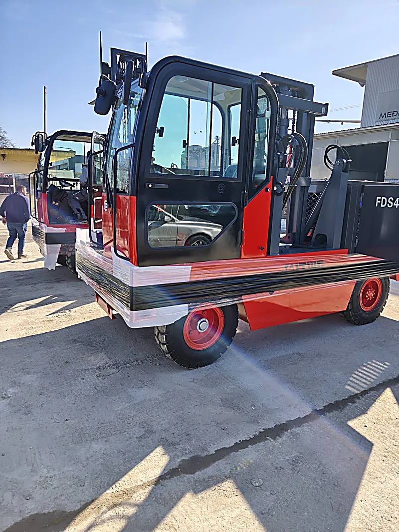 Unloaded side loader forklifts with protective wrapping