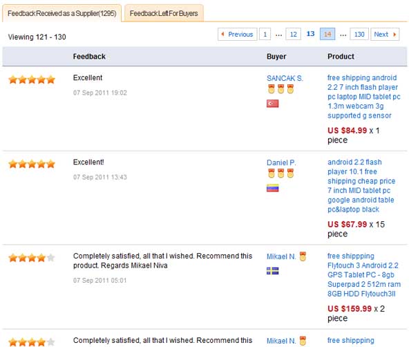 Customer comments on AliExpress