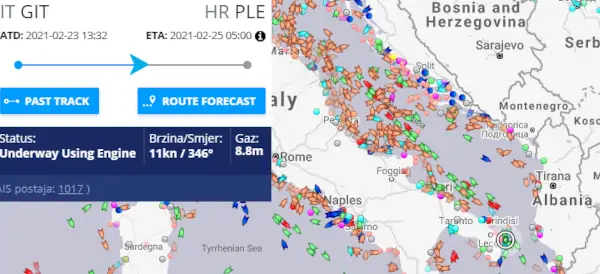 praćenje broda na ulasku u Jadransko more
